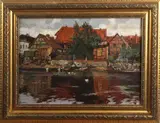 Schilderij Gunther T., Duitse School, F Günther 1919 Duitse school, Fachwerkhuizen en eenden op de vijver, olieverf op linnen 57x40cm Cond:G