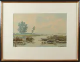 Adriaan Terhell, polder, J. le Blanc, pseudoniem Alexander terhell 1863-1949, poldergezicht met roeiboten aquarel op papier 41x27cm Cond:G