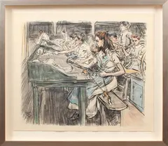 Jan Toorop, vrouwen in fabriek, Jan Toorop, 1858-1928, jonge vrouwen in weverij(uitgegeven door Lankhout Den Haag) lithografie op papier 64-53cm Cond:G