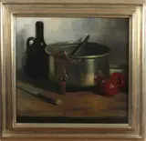 Schilderij G. Krol, stilleven, Gerard Krol 1928 Enschede 1882-1950 stilleven met koper, appels en wijnkruik 47x45cm olieverf op paneel Cond:G