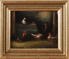 Wilhelm Albertus Lammers, kippen in de stal, W.Lammers 1857-1913, hoenderhok 13x10,5cm olieverf op paneel cond:G