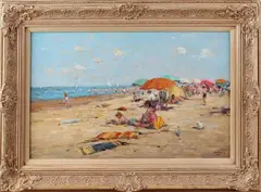 H. Daniëls, strandgezicht, Daniels 21e eeuw strandgezicht met vele figuren, olieverf op linnen 30x50 Cond:G