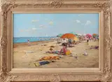 H. Daniëls, strandgezicht, Daniels 21e eeuw strandgezicht met vele figuren, olieverf op linnen 30x50 Cond:G