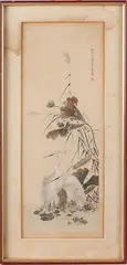 Chongdam by Chinese aquarel, Chinese houtsnede(ingekleurd) gesigneerd Chongdan, zilverreigers, omstreeks 1930 39x13cm lichte vochtvlekken Cond:R, sold Jan 2016