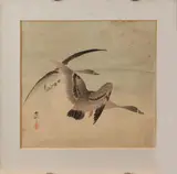 Chinese aquarel, Cucun, Antieke Chinese ingekleurde houtsnede Gucun gesigneerd, vliegende eenden 23x24cm Houtsnede op papier Cond:R