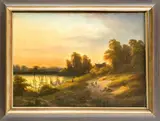 19e eeuw by Onduidelijk gesigneerd, Ongesigneerd?, 19e eeuw, olieverf op linnen, romantisch landschap bij avond met visnetten en figuren 52x38cm, sold Jan 2016