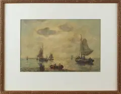 Le Blanc, botters aan de kust, Alexander Terhell 1863-1949 (pseudoniem Le Blanc) botters met vissersvolk aan de kust aquarel op papier 35x24cm Cond:G