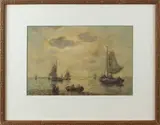 Le Blanc, botters aan de kust, Alexander Terhell 1863-1949 (pseudoniem Le Blanc) botters met vissersvolk aan de kust aquarel op papier 35x24cm Cond:G