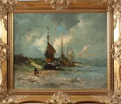 Onduidelijk gesigneerd, bomschuiten, Onduidelijk gesigneerd 20e eeuw, bomschuiten en figuren op strand olieverf op linnen 50x60cm Cond:G