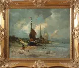 bomschuiten by Onduidelijk gesigneerd, Onduidelijk gesigneerd 20e eeuw, bomschuiten en figuren op strand olieverf op linnen 50x60cm Cond:G, sold Jan 2016
