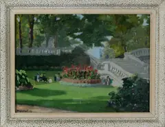 Schilderij Fleurot, parkgezicht, Fleurot '53 parkgezicht met figuren, olieverf op paneel 32x23cm Cond:G