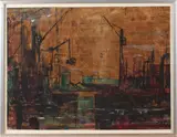 Schilderij 50-er jaren, A.R., Monogram AR '53 Duitse school, haven industrie, gemengde techniek op papier 47x37cm Cond:G