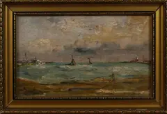 Schilderij van Deursen, boten op zee, Van Deursen, 1e helft 20e eeuw zeegezicht met zeilboten, olieverf op paneel 15x24cm Cond:G