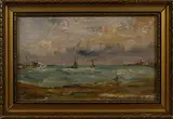 Schilderij van Deursen, boten op zee, Van Deursen, 1e helft 20e eeuw zeegezicht met zeilboten, olieverf op paneel 15x24cm Cond:G