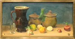 L. Lallemand, stilleven, L.Lallemand 1891-1959 (Louis) stilleven, verso Honamage a Louis Lallemand, olieverf op linnen 60x30 Cond:G