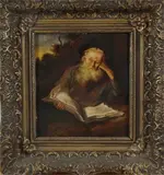 Schilderij Frans Baayens, boek lezende man, Frans Baayens 1895-1970 Enschede, oude wijze man met boek, olieverf op paneel