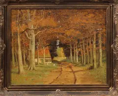 C. Akens, boerderij in bos, Akens omstreeks 1930, bospad met huisje en kippen, olieverf op linnen 50x40cm Cond:G
