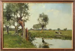 G. Altman, landschap met koeien, Gerard Altmann 1877-1940 polderlandschap met knotwilgen en koeien olieverf op linnen 60x40 Cond:G