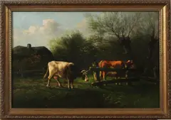 Gesigneerd D.S.H., koeien in landschap, Monogram D.S.H omstreeks 1880, boerderij met koeien en knotwilgen, olieverf op linnen 54x35cm Cond:G