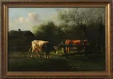 Gesigneerd D.S.H., koeien in landschap, Monogram D.S.H omstreeks 1880, boerderij met koeien en knotwilgen, olieverf op linnen 54x35cm Cond:G