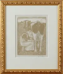 J. Mankes houtsnede, koe melken, Jan Mankes 1889-1920, melkende boerin, houtsnede op papier 20x15cm Cond:G