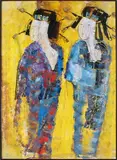 Maya Wildevuur, 2 geisha's, Maya Wildevuur 1944 Deventer Geishas, acryl en gemengde techniek op papier 110x80cm Cond:G
