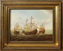 A. Reuvers, boten op zee, Anton Reuvers(Enschede) middeleeuwse zeeslag, olieverf op paneel 24x30 cm Cond:G