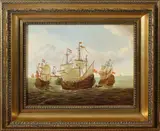 A. Reuvers, boten op zee, Anton Reuvers(Enschede) middeleeuwse zeeslag, olieverf op paneel 24x30 cm Cond:G