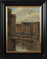 J. Th. Unger, Amsterdam, Unger omstreeks 1930, gracht Amsterdam met figuren , olieverf op linnen 30x40cm Cond:G