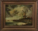 Schilderij W. Poelman, naar Ruisdael, Poelman, 20e eeuw, landschap naar Ruisdael, olieverf op linnen 40x50cm Cond:G