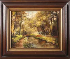 Schilderij Ton Anconé, bosgezicht, Ton Ancone(Oldenzaal) de Buursebeek, olieverf op linnen 45x35cm Cond:G