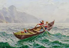 Hans Dahl, Stürmische Bootsfahrt am Fjord, Öl auf Leinwand
