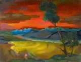 Carlo Mense, Flusslandschaft mit Weizenfeld, Öl auf Hartfaserplatte
