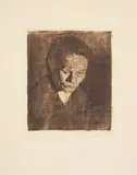 Gesenkter Frauenkopf by Käthe Kollwitz, Radierung in Braun auf Kupferdruckkarton, sold Nov 2015