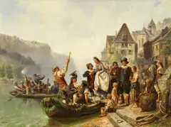 Albert Kindler, Hochzeitszug am Rhein, Öl auf Leinwand