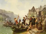 Albert Kindler, Hochzeitszug am Rhein, Öl auf Leinwand
