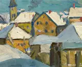 Hermann Stenner, Dorflandschaft im Winter/Zwei Akte am See, Öl auf Pappe, beidseitig bemalt
