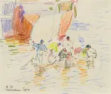 Robert Sterl, Boote vor einem Schiff auf der Wolga bei Astrachan, Farbige Kreide auf Velin