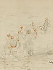 Männer beim Entladen eines Bootes by Robert Sterl, Kohle und farbige Kreide auf Bütten, sold Nov 2015