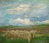 Robert Sterl, Landschaft mit Schafen, Öl auf Leinwand
