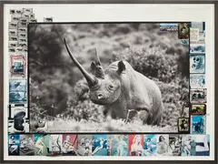 Peter Beard, Ruhuti Valley (Aberdare Forest, Kenya), record-class rhino [circa 47"] for The End of the Game, 1972, Gelatin silver print with ink, affixed gelatin silver prints, chromogenic prints, Polaroid prints, magazine images, a fountain pen nib and applied blood, executed later