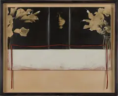 Luis González Palma, La Dolorosa, 1991, Three gelatin silver prints with applied paint and satin ribbon, mounted to hand painted wooden board