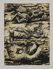 Untitled by Henry Moore, three reclining figures lithograph in colours, sold Oct 2024