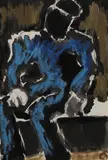 Josef Herman, Untitled, A man in blue brush and ink and pastel over pencil 21 x 14cm
