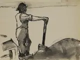 Josef Herman, Untitled, Man with shovel pen and ink and wash over pencil 17.5 x 23cm