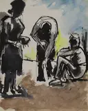 Josef Herman, Untitled, Two men and a woman pen and ink with wash and watercolour 25 x 20cm