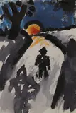 Josef Herman, Untitled, Figure at sunset brush and ink and wash with pastel 21 x14cm