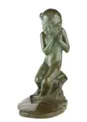 Rachel Marshall Hawks, Seated young girl listening to a shell, bronze with light green patina