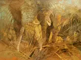 Kobus Moller, Up Close (Two Elephants), oil on hide mounted to masonite