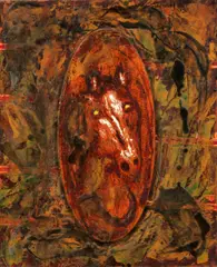 Untitled, 1988; Untitled (2) by Bruno Ceccobelli, first oil, encaustic, fabric and paper collage on panel; second oil, encaustic and wood collage on press board, sold Jun 2012